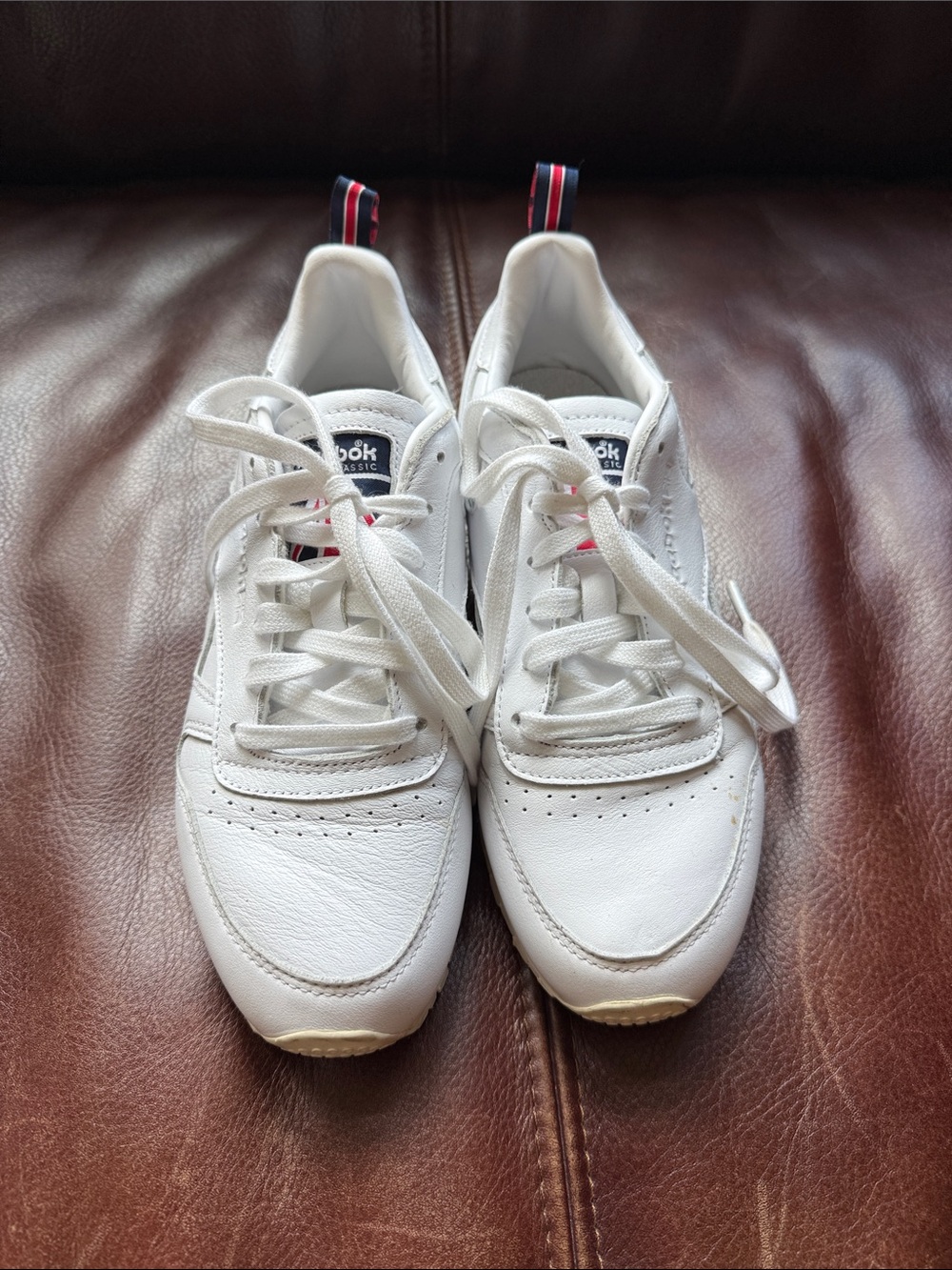 Reebok White Leather Sneakers with Red & Blue Heel Straps